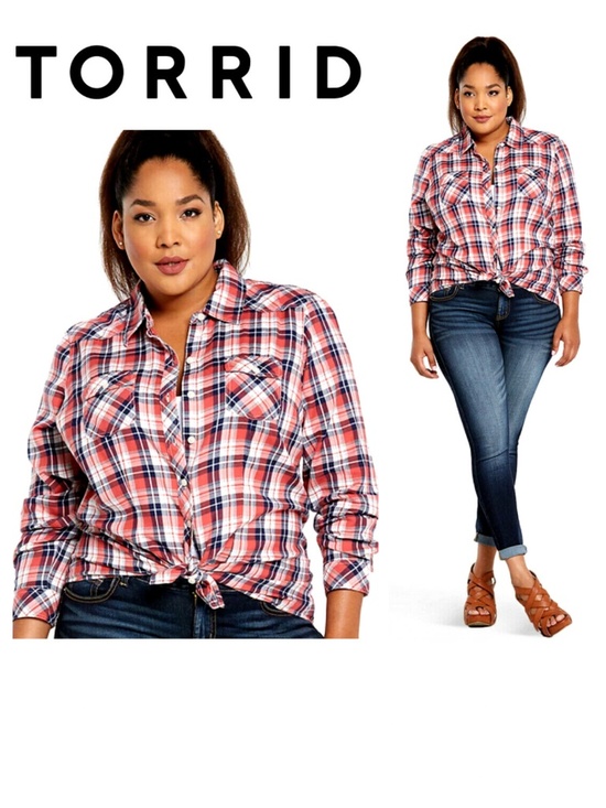 torrid Tops - Torrid 4X 26 28 Button Down Plaid Camp Shirt Top Tunic Red White Blue Chic!